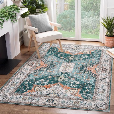 Classic Vintage Floral Rug, Thin Low Pile, Non Slip, Washable, Stain Resistant, Foldable Accent Carpet for Living Room Bedroom
