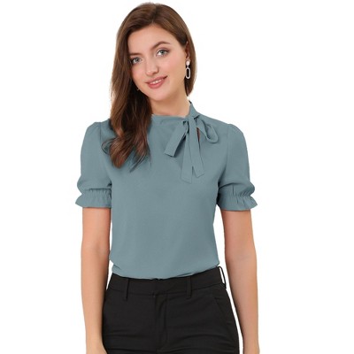INSPIRE CHIC Women's Bow Tie Neck Solid Color Elastic Cuffs Elegant Office Short Sleeve Blouse