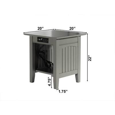 Gray Solid Wood End Table with Charging Station