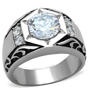 Slickblue Men’s Polished Stainless Steel Ring with 9mm Round Clear Cubic Zirconia, No Plating, Smooth Band, size 8-13 - 1 of 4
