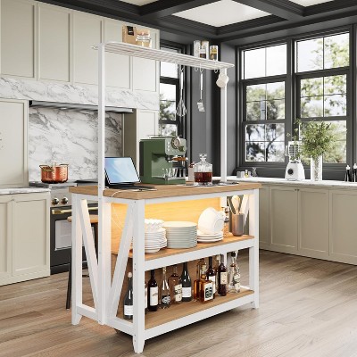 Wooden Kitchen Island with Storage, Power Outlet & LED Lights, Large Kitchen Island Table with 3 Tier Microwave Stand Oven Shelf, Coffee Bar Table