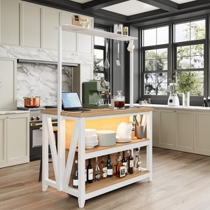 Wooden Kitchen Island with Storage, Power Outlet & LED Lights, Large Kitchen Island Table with 3 Tier Microwave Stand Oven Shelf, Coffee Bar Table - 1 of 4