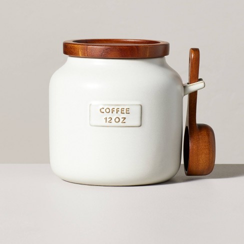 12oz Stoneware Coffee Canister With Wood Lid & Scoop Cream/brown