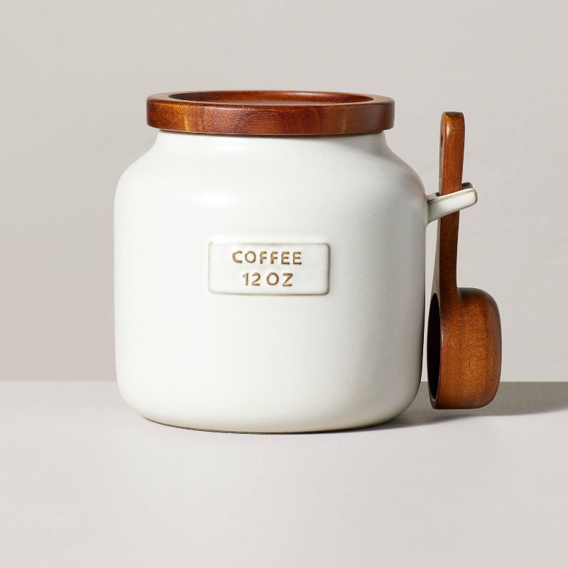 12oz Stoneware Coffee Canister with Wood Lid &#38; Scoop Cream/Brown - Hearth &#38; Hand&#8482; with Magnolia, 1 of 9