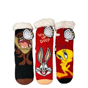 Warner Brothers Loony Tunes High Pile Fleece Lined Gripper Bottom Socks 3pk Tweety Bugs Bunny Taz - 1 of 1