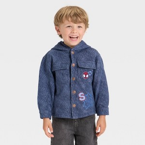 Toddler Boys' Marvel Spider-Man Knit Denim Button-Up Hoodie Jacket - Blue - 1 of 4