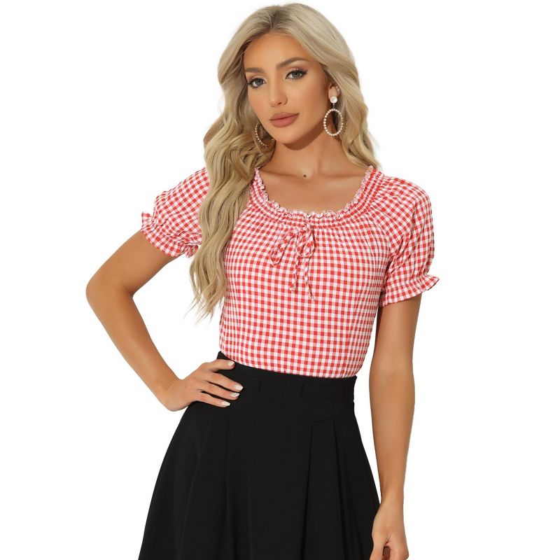 Allegra K Woman's Peasant Round Neck Ruffles Puff Sleeve Gingham Plaid Blouse, 1 of 6