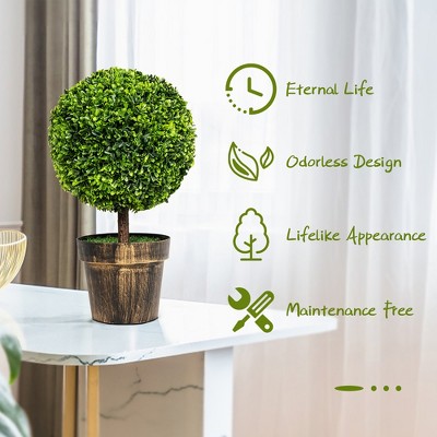 22" Green Artificial Boxwood Topiary Trees in Bronze Cement Pots, Set of 2
