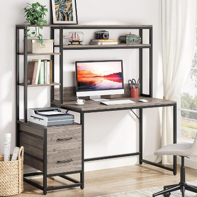 Vynxaria 55¡± Computer Desk with Hutch, 2 Drawers & Open Shelves ¨C Modern Home Office Storage Workstation