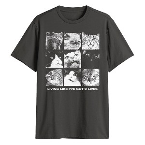 Lost Gods Mens Cats Nine Lives Short Sleeve T Shirt - Charcoal