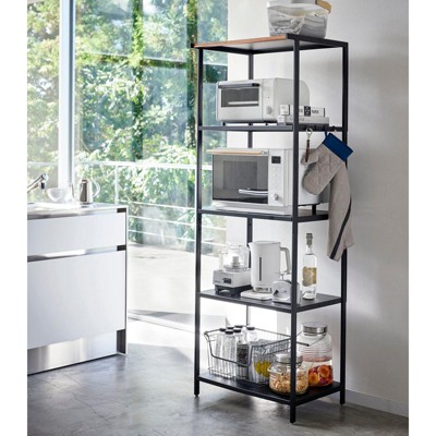 Sleek Black Steel and Ash Wood Kitchen Appliance Tower Rack