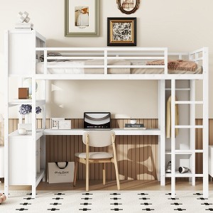 Vynxaria Metal Loft Bed with Wardrobe And L-shaped Desk, Full Size Loft Bed with Storage Cubes and Shelves, Heavy Duty Loft Bed, White - 1 of 4
