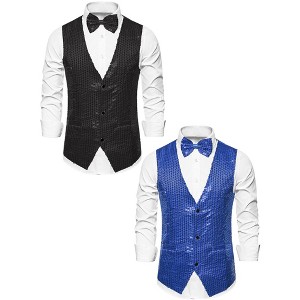 Lars Amadeus Men's Sleeveless Sparkle Sequin Party Prom Waistcoat with Bow Tie 2 Packs - 1 of 4