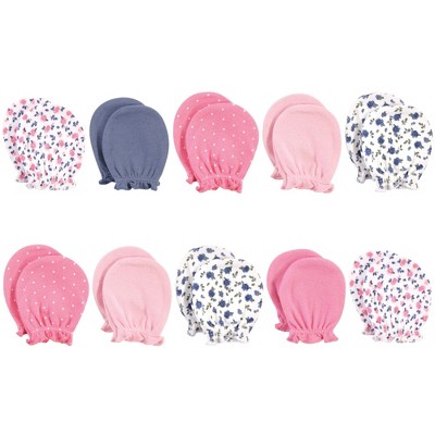 Hudson Baby Infant Girl Cotton Scratch Mittens, Blue Pink Floral, 0-6 Months
