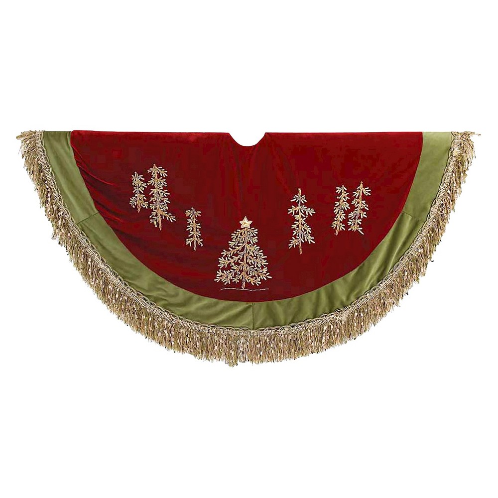 UPC 086131121579 product image for 50 Burgundy Ribbon with Green Tassel Border Decorative Tree Skirt, Red | upcitemdb.com