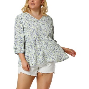 Agnes Orinda Women's Plus Size V Neck Babydoll 3/4 Lantern Sleeve Casual Floral Flowy Blouses - 1 of 4