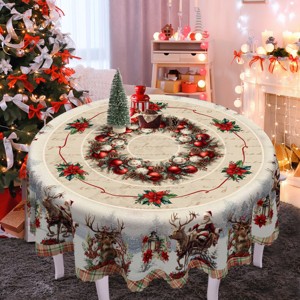 Christmas Tablecloth with Santa, elk and Wreath Designs, Dustproof Dining Table Cover for Holiday Decor - 1 of 4