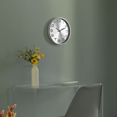 Modern Silver Aluminum Round Wall Clock with Black Numerals