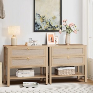 Rattan Nightstand Set of 2, Boho Farmhouse Bedside Tables with 2 Drawers & Open Shelf - Large Bedroom Nightstands, Living Room Side Tables - 1 of 4