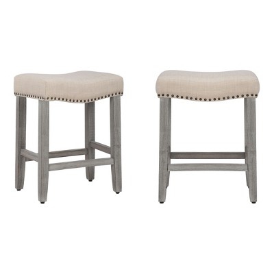 Modern Farmhouse 24" Beige Wood Saddle Seat Counter Stools - Set of 2