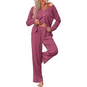 Ekouaer Womens Waffle Knit Pajamas Loungewear Two-piece Sleepwear Button-Down Pj Set with Pockets - 1 of 3