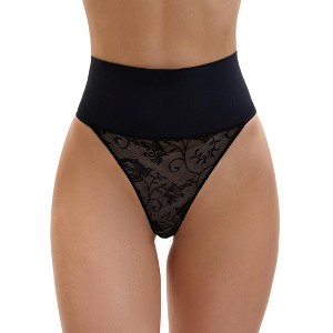 INSPIRE CHIC Women's High Waisted Tummy Breathable Stretch Lace Firm Control Thong Shapewear - 1 of 4
