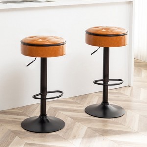 MAYEERTY Round Storage Bar Stools Set of 2 - Brown Faux Leather, Height Adjustable, 360¡ã Swivel, Armless Metal Frame for Kitchen/Dining - 1 of 4