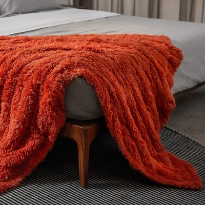 Rust Orange Reversible Faux Fur and Fleece Throw Blanket 60" x 70"