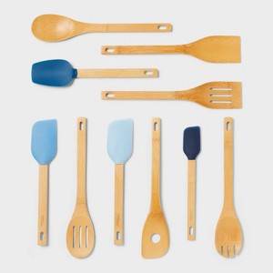 10pc Bamboo Silicone Kitchen Utensil Set Blue - Room Essentials™ - 1 of 3