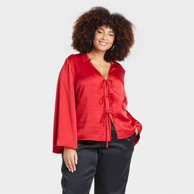 Women's Long Sleeve Satin Tie Blouse - A New Day™ Red 4X