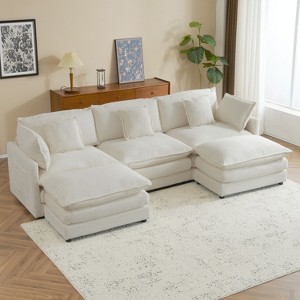 NicBex Couches for Living Room 112.6" Modular Sectional Sofa L-Shape Corduroy Upholstered Sofa Couch with Side Storage Pockets and Ottoman, Beige - 1 of 4