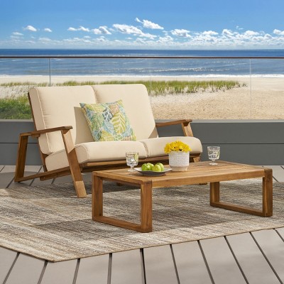 Outdoor 2 Pcs Furniture Set, Armrest Loveseat Sofa with Coffee Table, Sofas with Wood Frame and Weather-Resistant PE Cushions-Coolbibila
