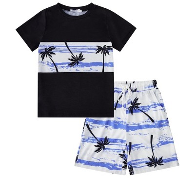 Little Kid Shorts Sets Kids Summer Beach Outfit  Pulm Leaves Pattren Short Sleeve Shirt Top with Shorts Suits