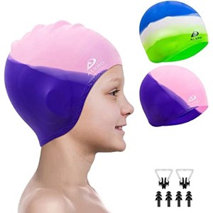 DSANE 2 Pack Kids Swim Caps for Boys Girls, Durable Silicone Swimming Cap with 3D Ear Pockets for Age 3-15 Toddler Child Youth Teen Unisex - 1 of 1