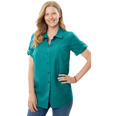 Woman Within Plus Size Short-Sleeve Button Down Seersucker Shirt