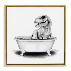 Stupell Industries Funny T-Rex Bathtub Washroom Floating Frame Canvas Art - 1 of 4