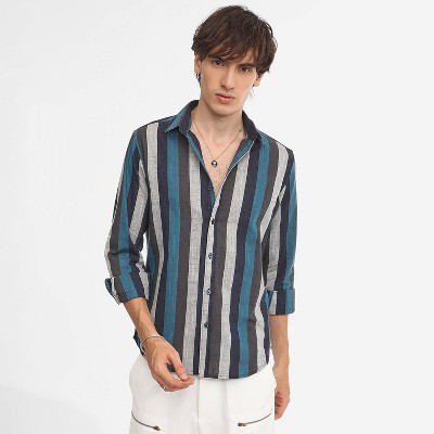 Campus Sutra Men Men's Navy Blue & Ash Grey Block-Striped Shirt