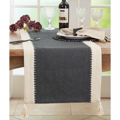Black and Natural Cotton Whipstitch Table Runner with Tassels