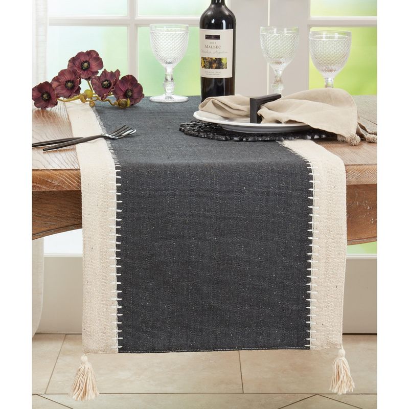 Saro Lifestyle Whipstitch Banded Cotton Table Runner, 16"x72", Black, 3 of 4