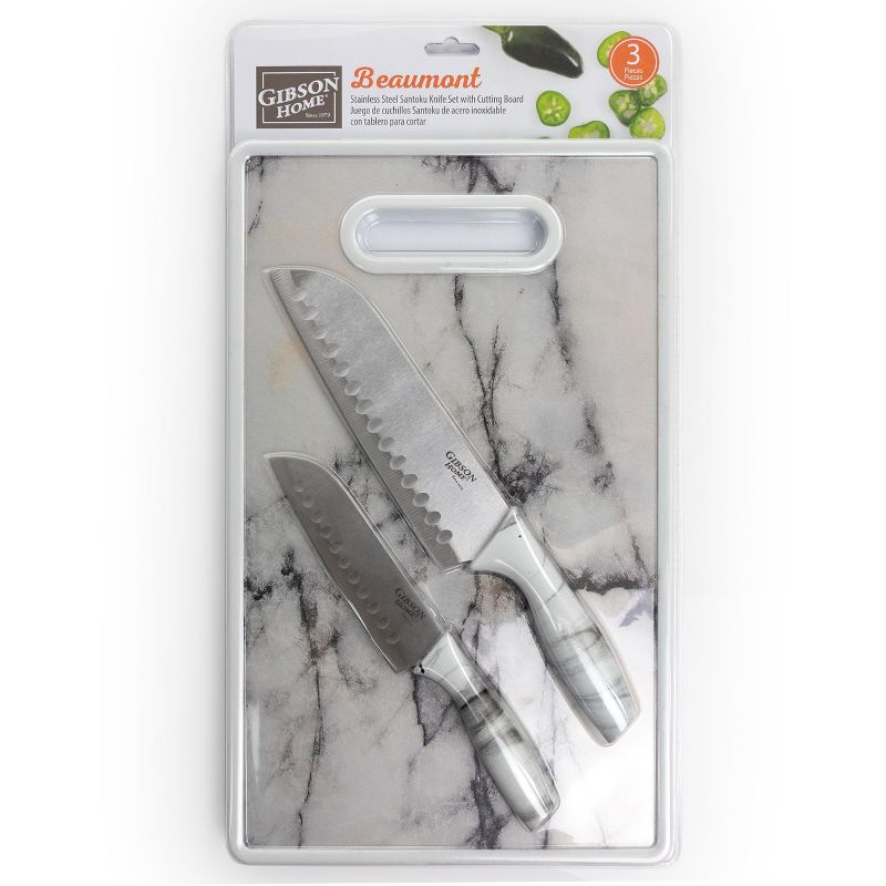 Gibson Home Beaumont 3 Piece Stainless Steel Santoku Knife Set with Cutting Board in White Marble, 4 of 10