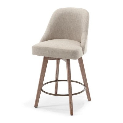 Bekrvio Counter Height Bar Stools, 26" Mid-Century Swivel Barstools with Backs - Linen Upholstered Wood Legs, Kitchen Island Counter Chairs