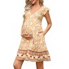 Maternity Dress Ruffle Cap Sleeve Summer V Neck Floral Midi Dress Baby Shower Dress with Pockets - 3 of 4