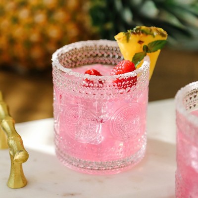 Vintage Hobnail Beaded Floral Round Amber Drinking Glasses Set of 6