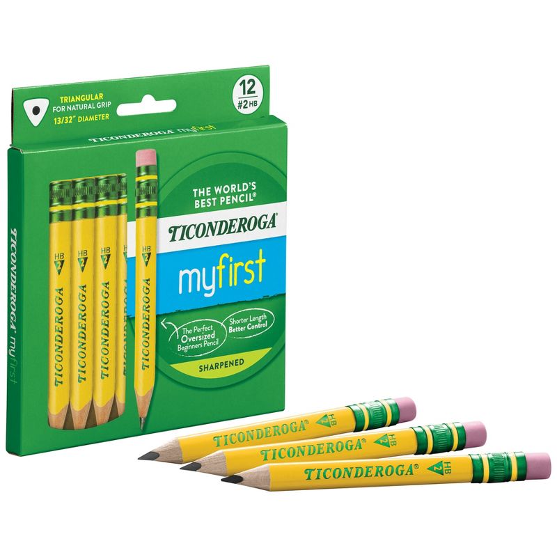 Ticonderoga® My First® Short Wooden Pencils, Large Triangle Barrel, Sharpened, #2 HB Soft, With Eraser, Yellow, 12 Per Pack, 2 Packs, 2 of 6