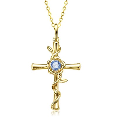 Molenia Birthstone Cross Necklace for Women, Gold Plated Rose Flower Pendant 925 Silver Faith Christian Religious Jewelry Baptism Gift Christmas