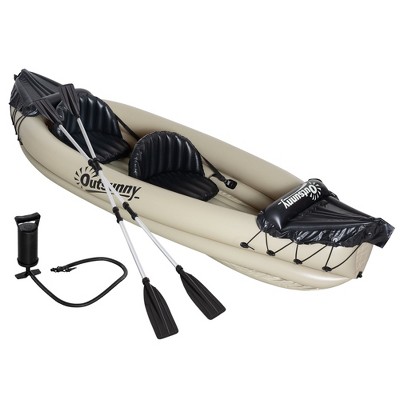 Outsunny 2 Person Inflatable Kayak, Includes Paddles, Repair Kit, Portable Tandem Blow Up Boat, Beige
