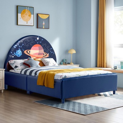 Infans Kids Upholstered Platform Bed Children Twin Size Wooden Bed Galaxy Pattern