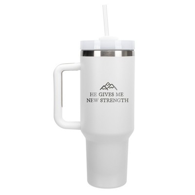 100 North He Gives Me New Strength He Moves Mountains Wrap-Around 40 Oz. Stainless Steel Water Bottle Coffee Mug, Spill & Leak Resistant, Travel
