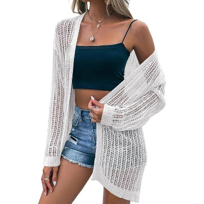 Womens Summer Lightweight Cardigan Long Sleeve Open Front Loose Beach Crochet Cover Up
