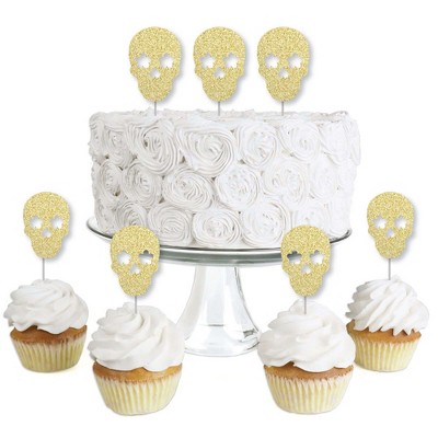 Big Dot of Happiness Gold Glitter Sugar Skull - No-Mess Real Glitter Dessert Cupcake Toppers - Day of the Dead Skull Party Clear Treat Picks - 24 ct